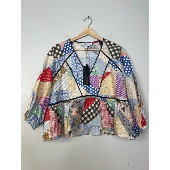 NWT Hunter Bell 3/4 Sleeves Peplum Grayson V-Neck Top Patchwork Multicolor - Picture 2 of 8